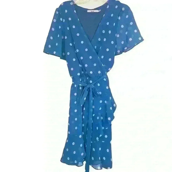 Mi Ami Mock Wrap Polka Dot Ruffle Mini Dress Size Small. Light Blue Graduation - Picture 4 of 6